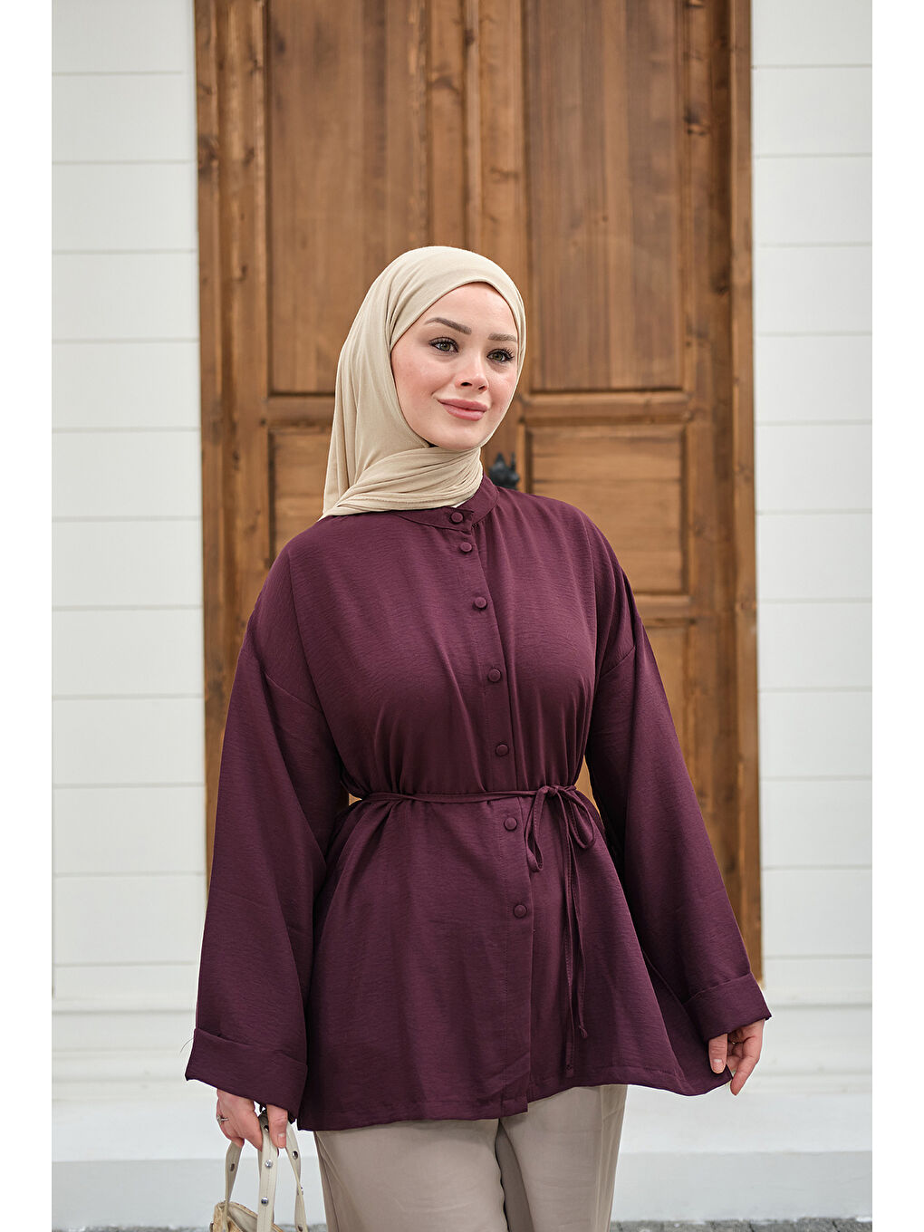 Kadın Duble Kol Yırtmaçlı Gömlek Mürdüm-3