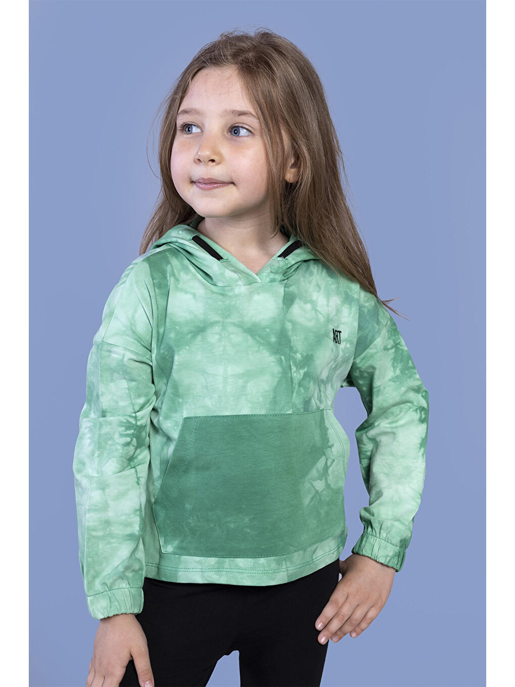Yeşil Kız Çocuk Batik Desenli Kapüşonlu Sweatshirt