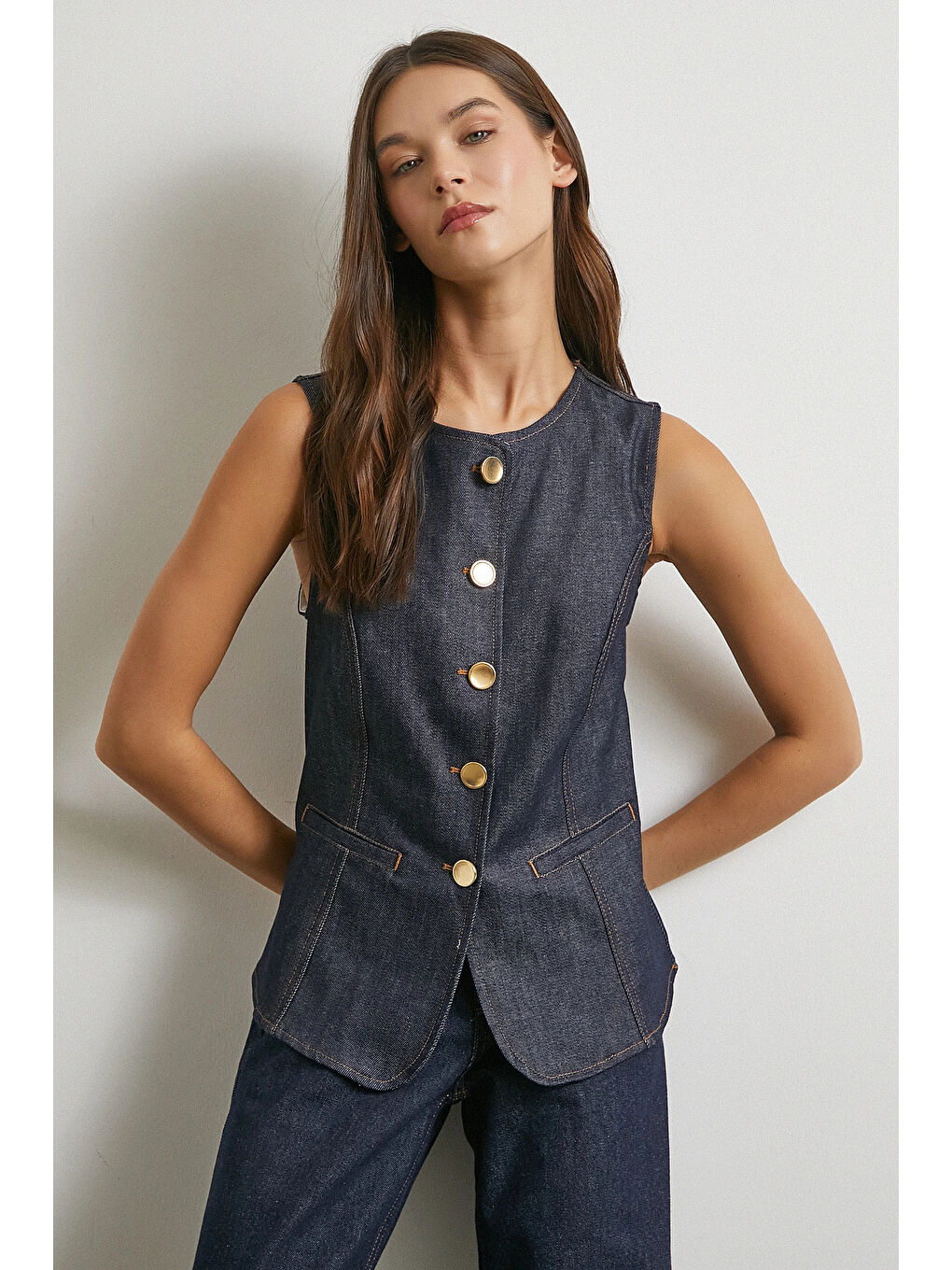 Bisiklet Yaka Metal Düğmeli Denim Yelek Lacivert-3