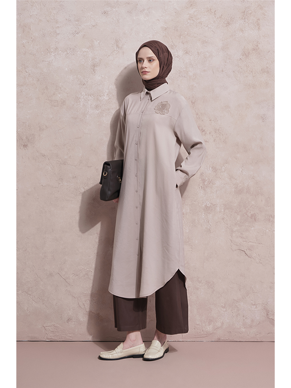 İşlemeli Tunik Elbise Bej-2