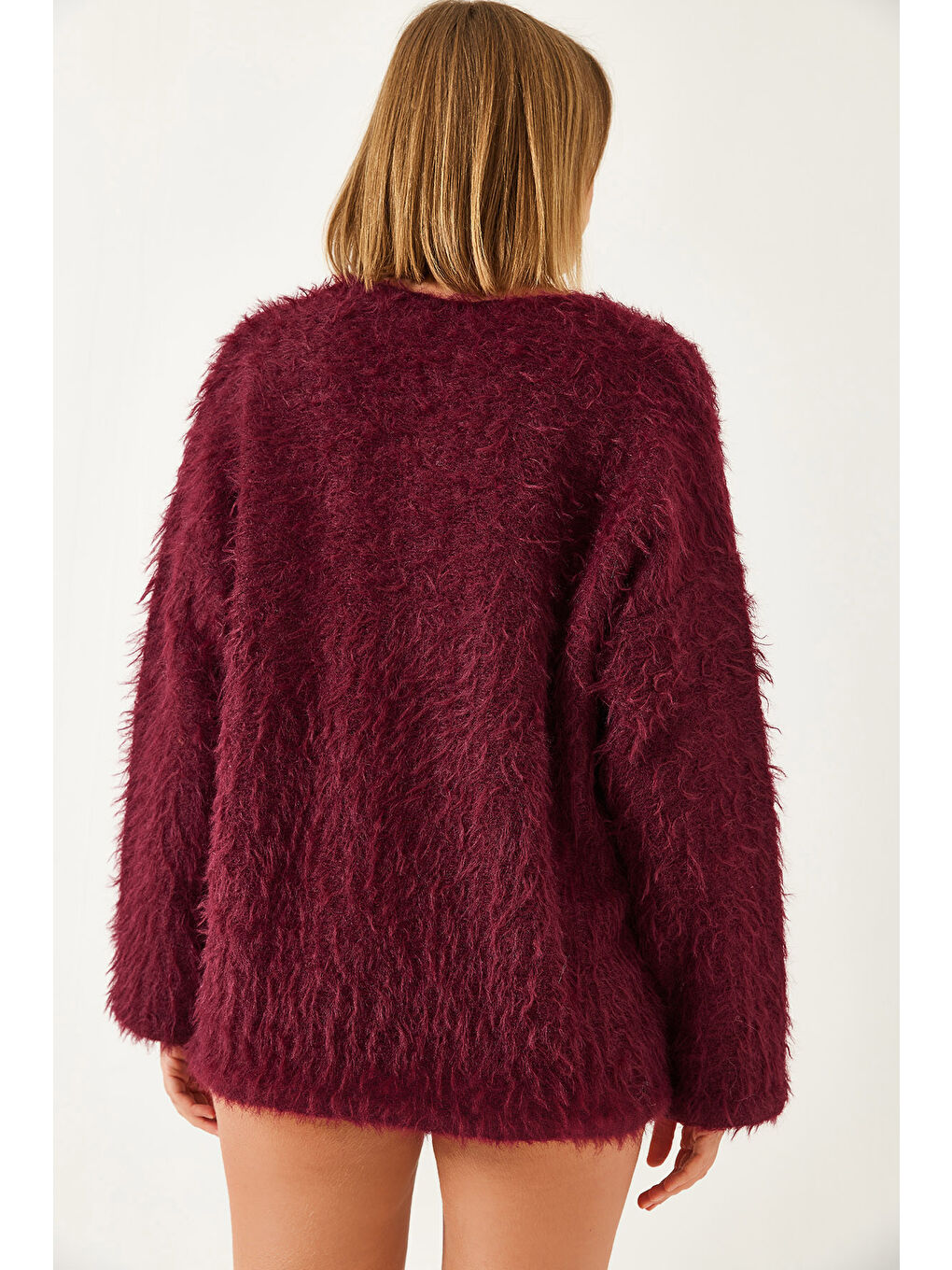 Bordo Kadın Tüylü Bağlamalı Hırka-4