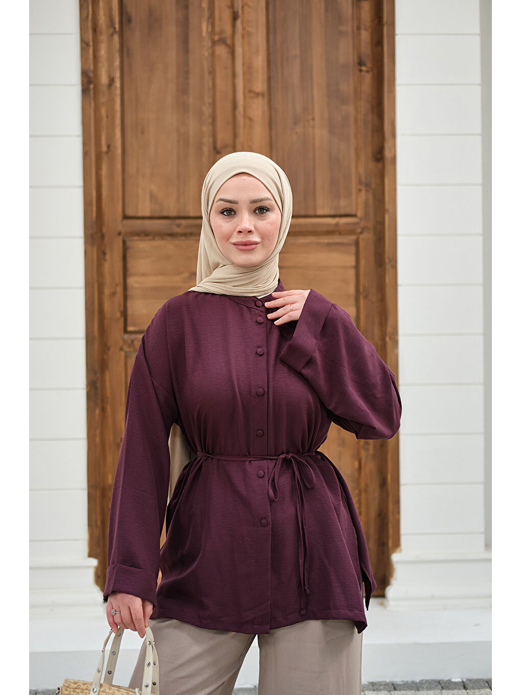 Kadın Duble Kol Yırtmaçlı Gömlek Mürdüm-4