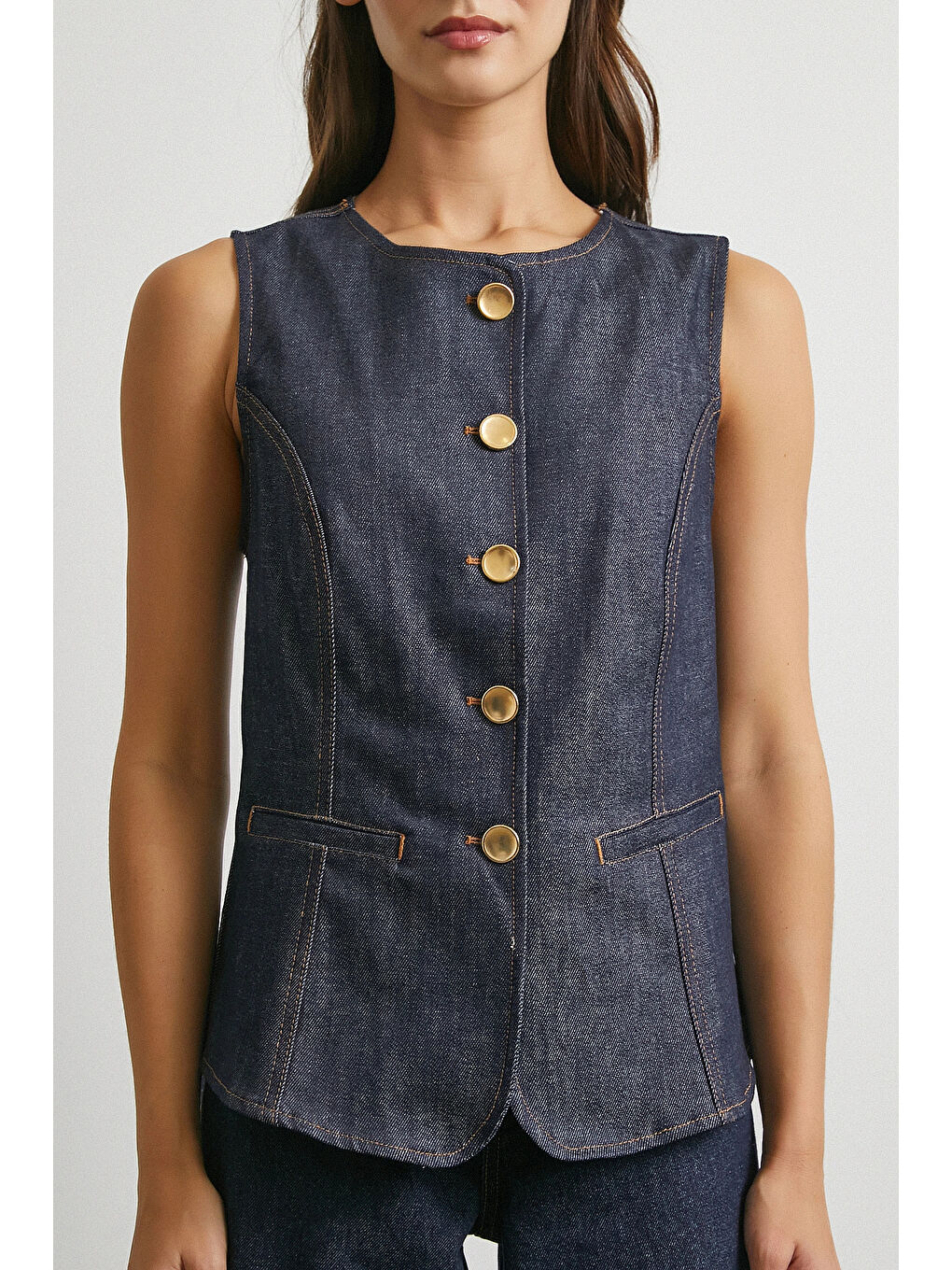 Bisiklet Yaka Metal Düğmeli Denim Yelek Lacivert-4