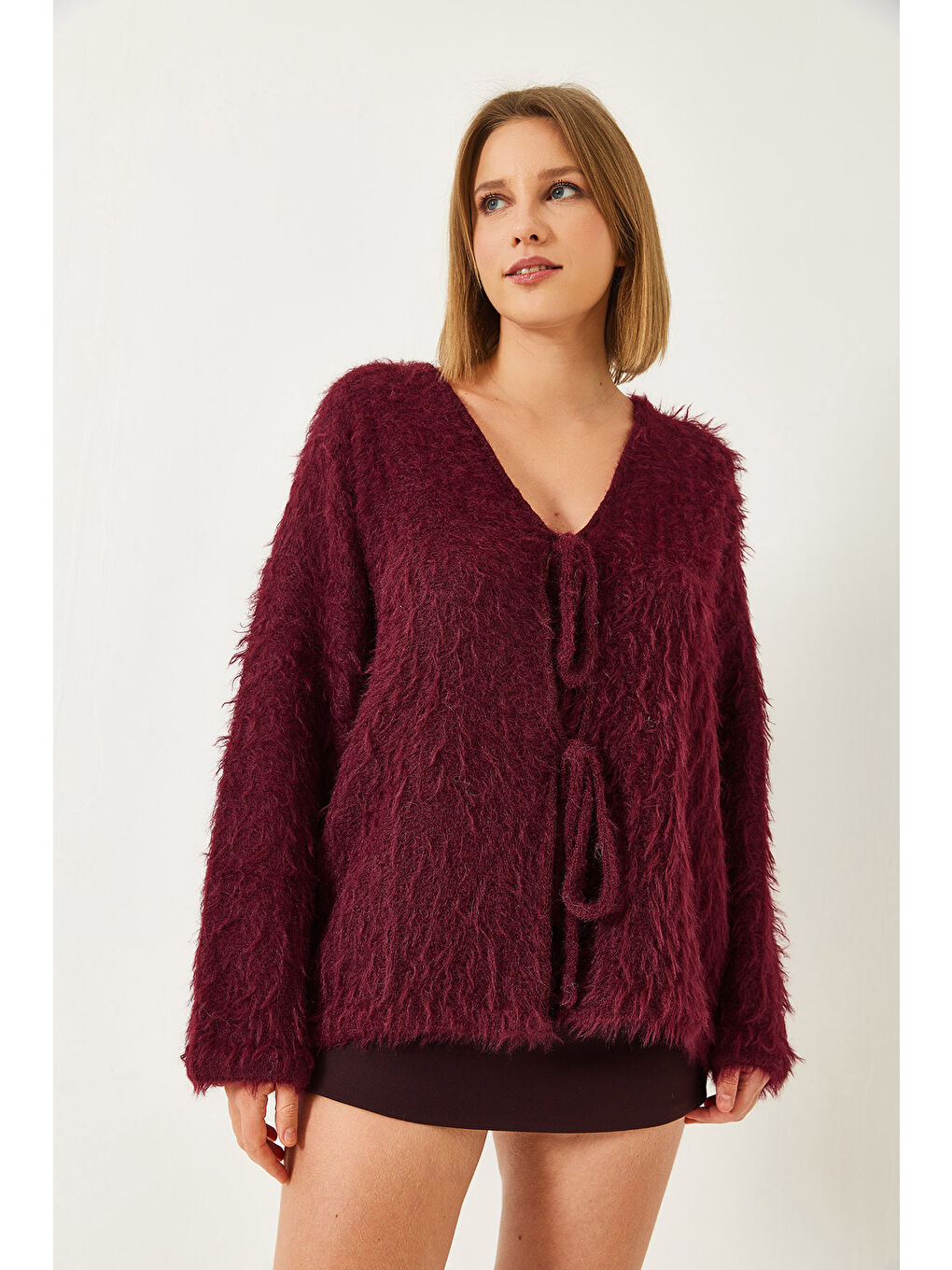 Bordo Kadın Tüylü Bağlamalı Hırka-5