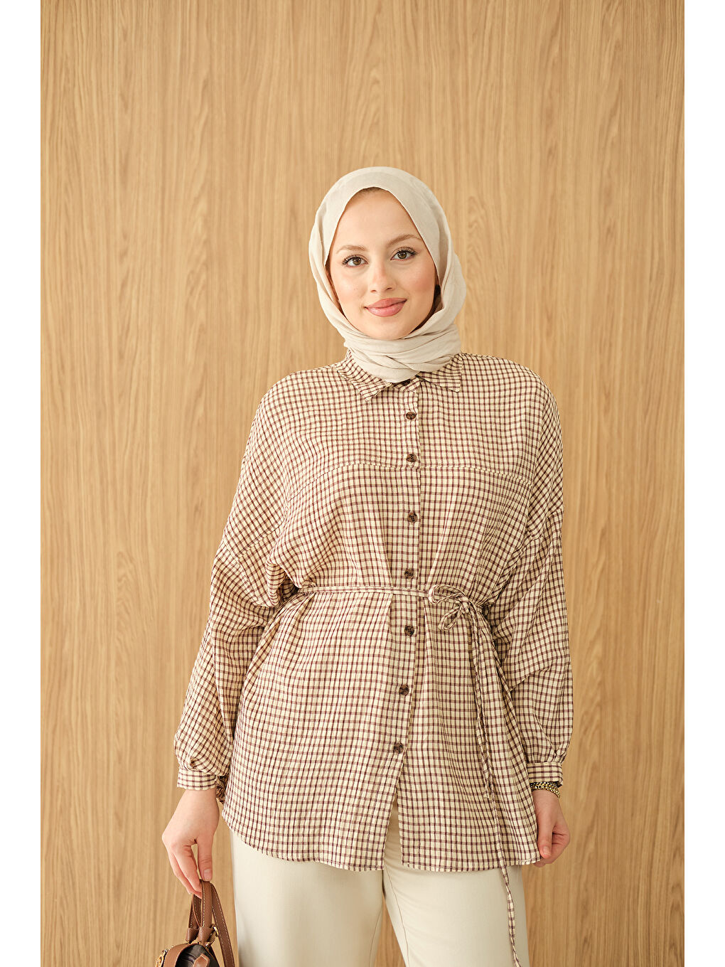 Kadın Ekose Desen Bel Bağlamalı Gömlek Kahverengi