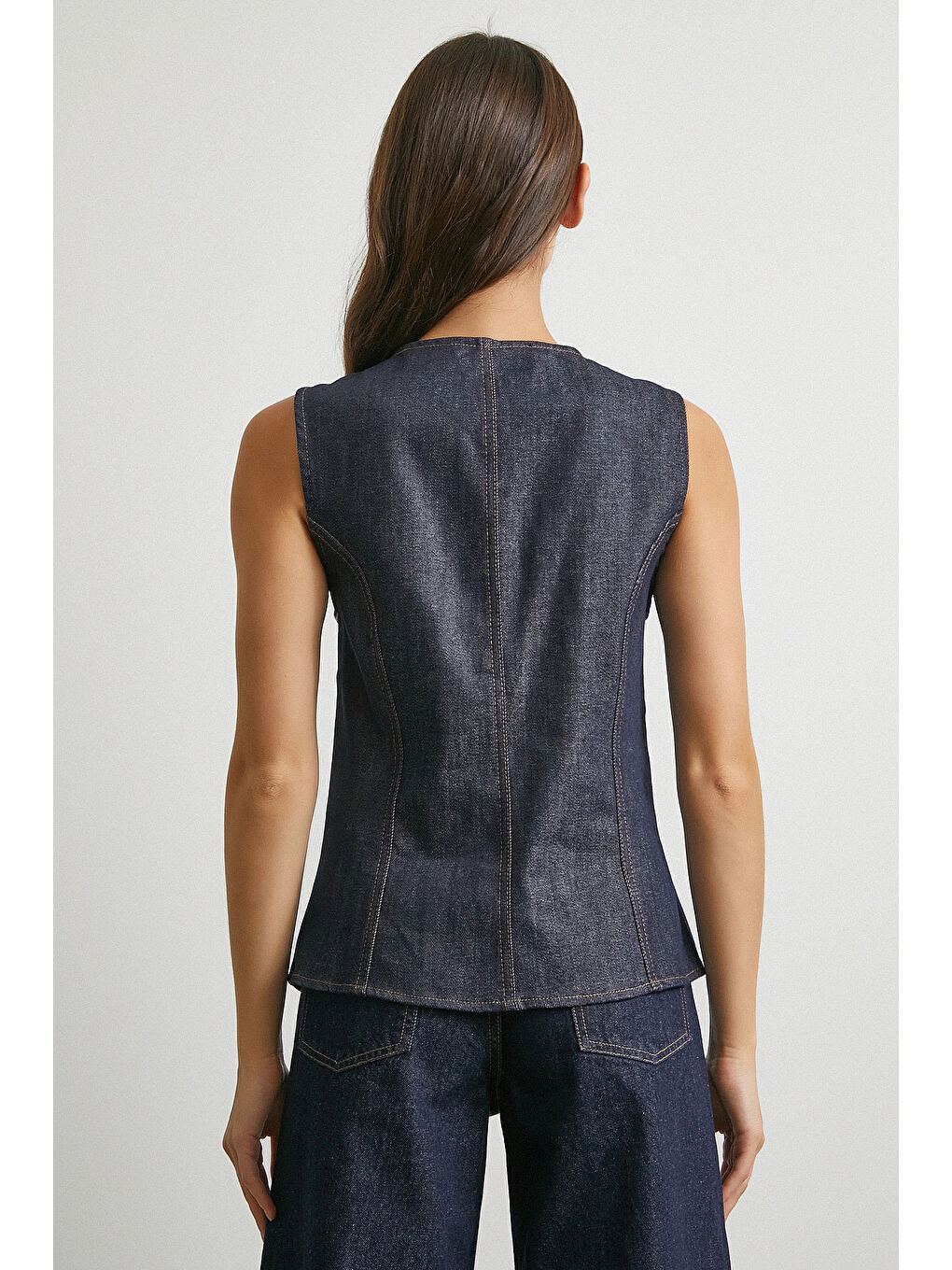 Bisiklet Yaka Metal Düğmeli Denim Yelek Lacivert-5