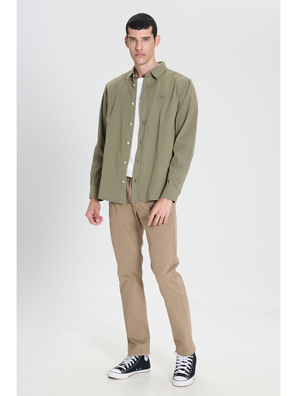 Yeşil Regular Fit Normal Kesim %100 Pamuk Haki Uzun Kollu Gömlek-2