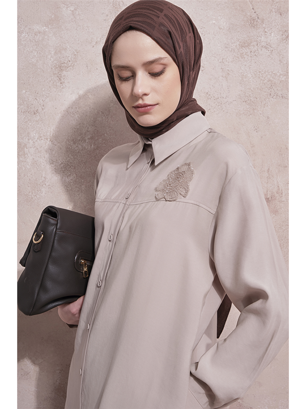 İşlemeli Tunik Elbise Bej-3