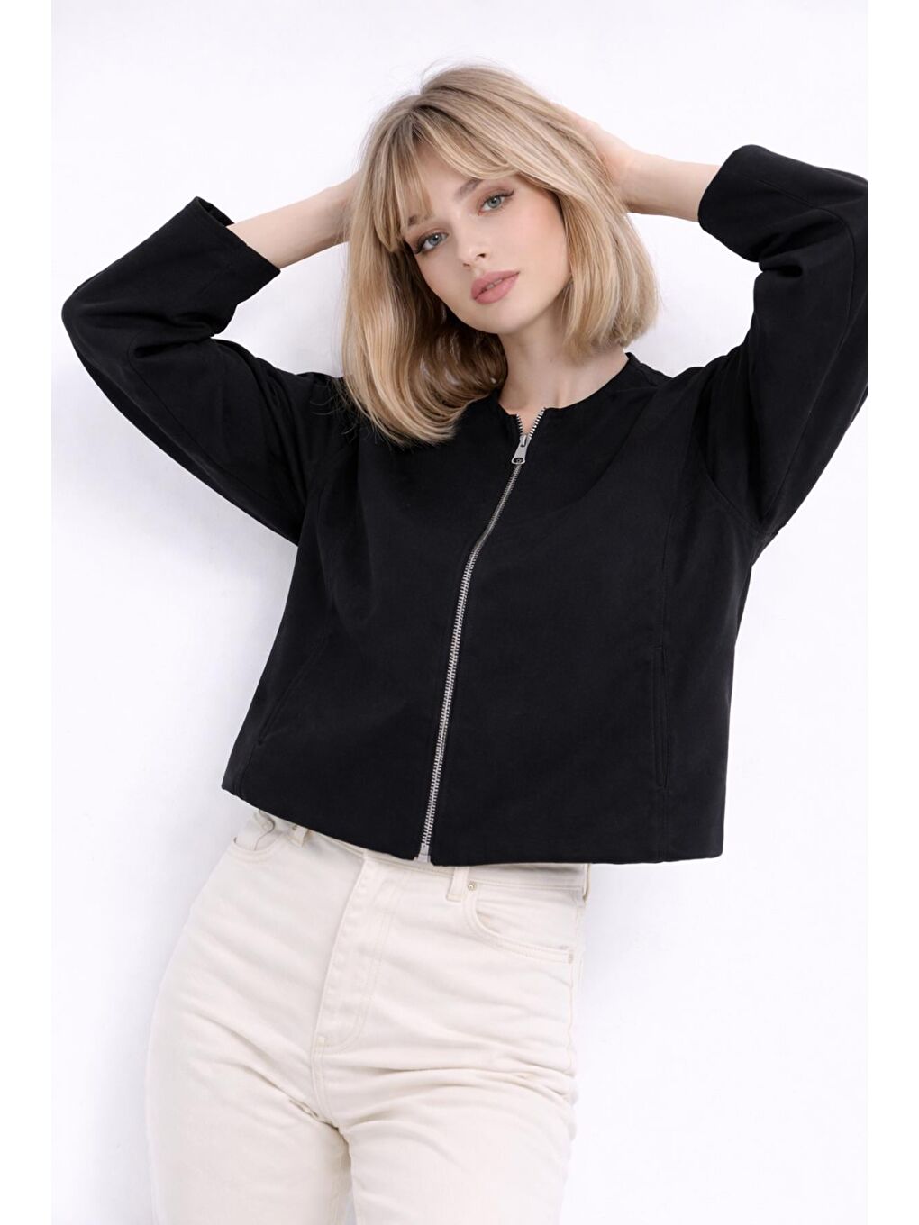 Siyah Kadın Bej Balon Kol Oversize Fermuarlı Bomber Ceket-1