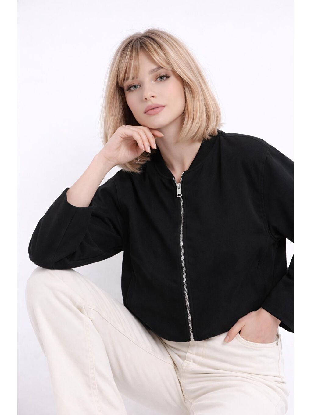 Siyah Kadın Bej Balon Kol Oversize Fermuarlı Bomber Ceket-2