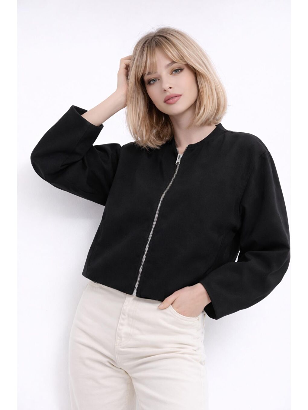 Siyah Kadın Bej Balon Kol Oversize Fermuarlı Bomber Ceket-3