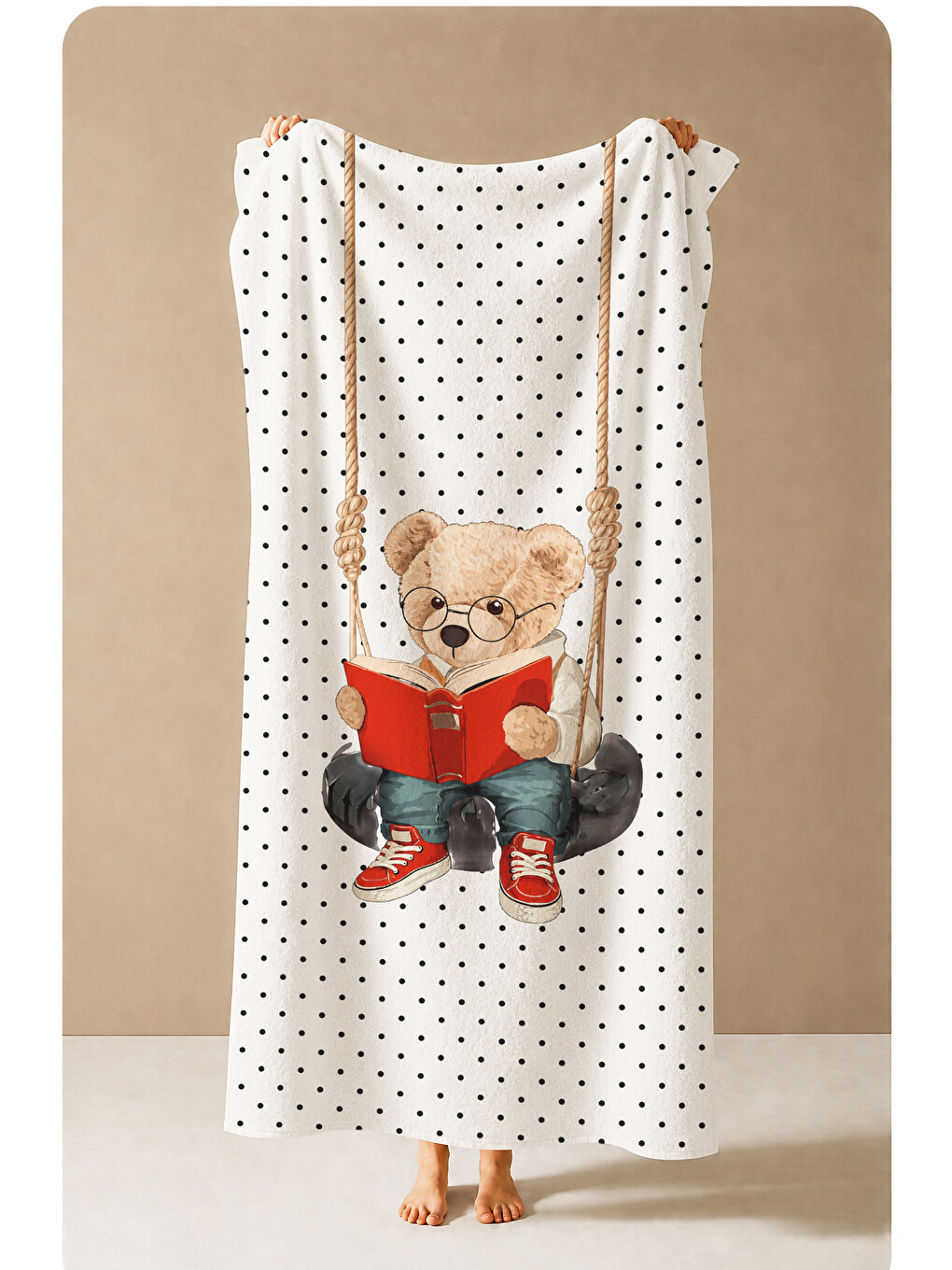 Bej Sevimli Scooterlı Ayıcık Mini Puantiyeli Desenli 70x150 Plaj Havlusu - Dijital Baskılı Banyo Havlusu-3
