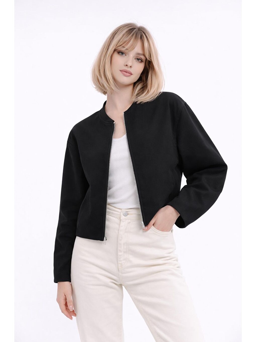 Siyah Kadın Bej Balon Kol Oversize Fermuarlı Bomber Ceket-4