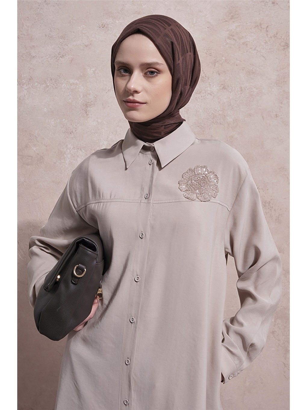 İşlemeli Tunik Elbise Bej-4