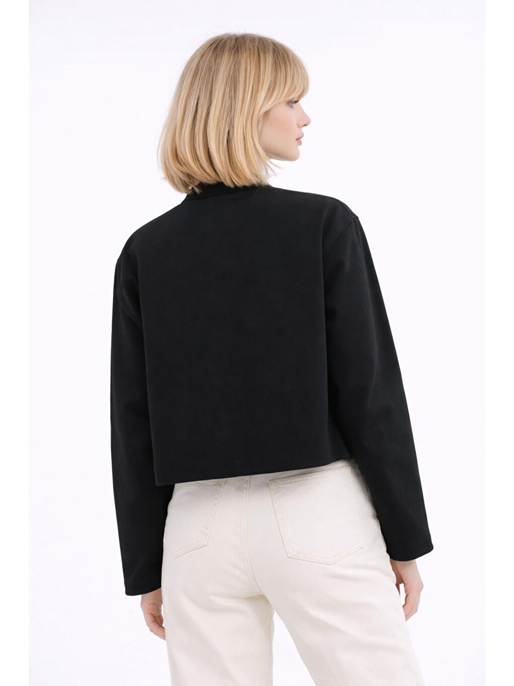 Siyah Kadın Bej Balon Kol Oversize Fermuarlı Bomber Ceket-5