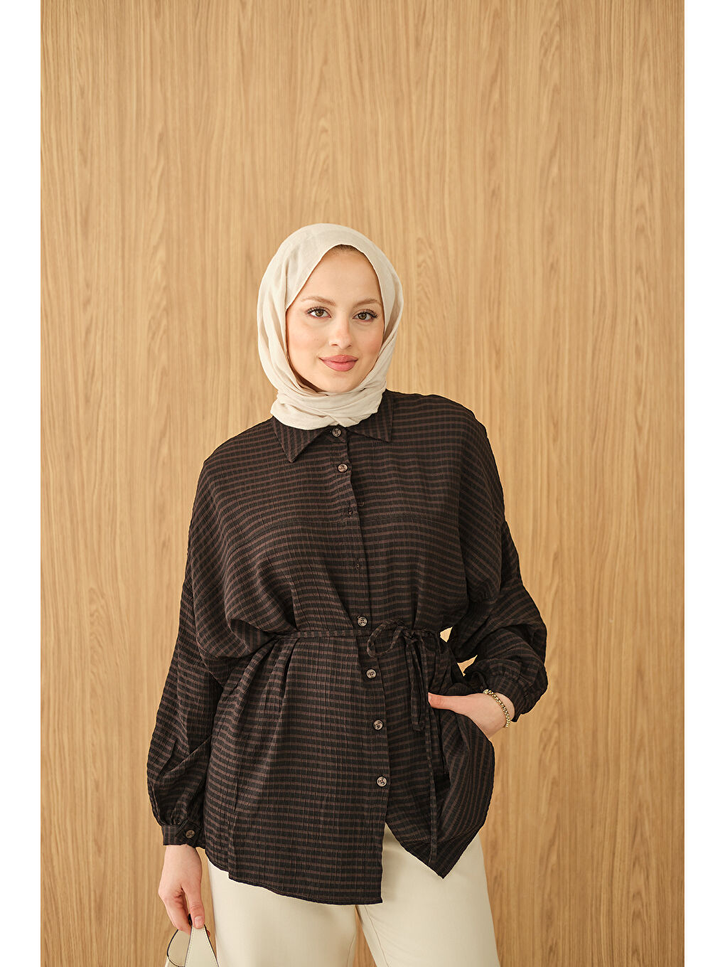 Kadın Ekose Desen Bel Bağlamalı Gömlek Siyah
