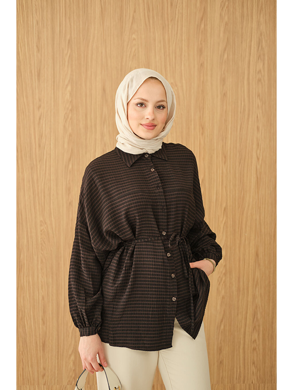 Kadın Ekose Desen Bel Bağlamalı Gömlek Siyah-1