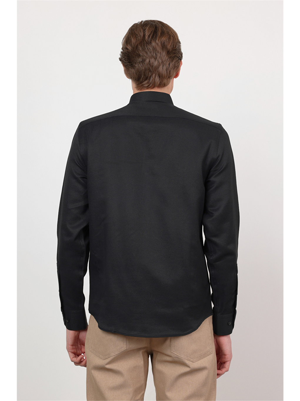 Siyah Düğmeli Yaka Uzun Kol Cepsiz Slim Fit Pamuklu Gömlek 1004260203-4