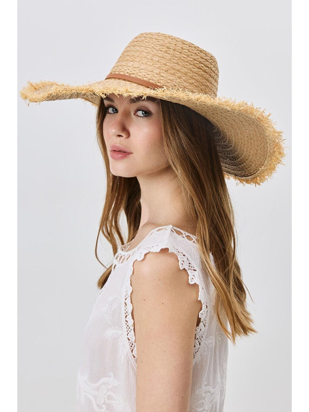 Bej Saçaklı Kenarlı Hasır Şapka Y8212 Vizon-1