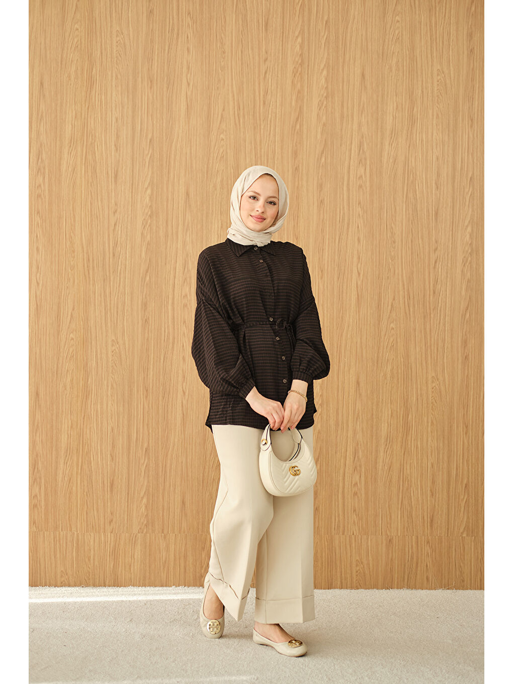 Kadın Ekose Desen Bel Bağlamalı Gömlek Siyah-2