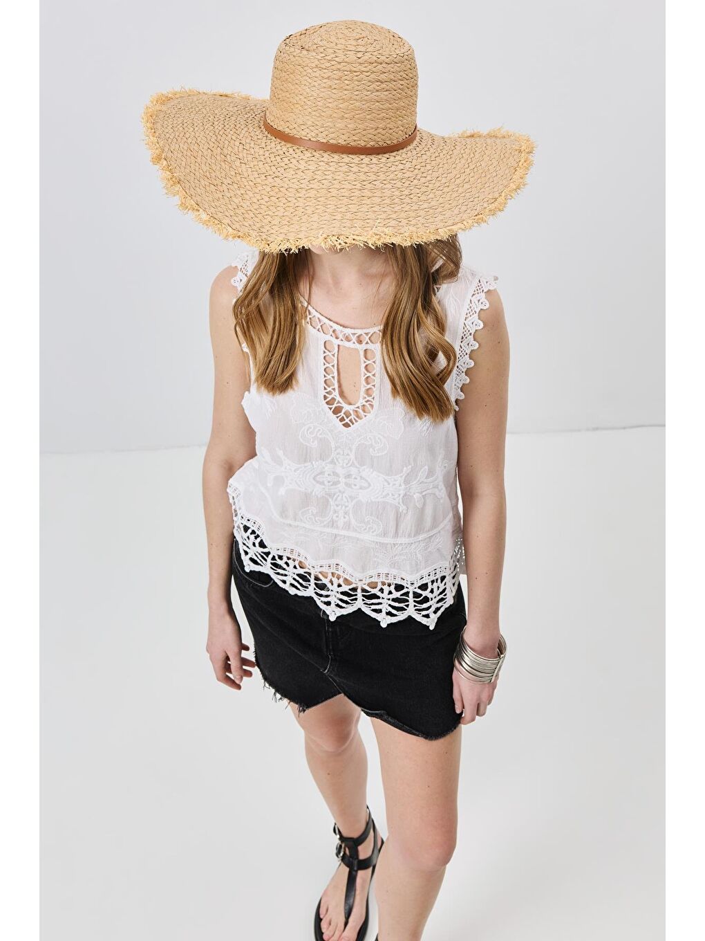 Bej Saçaklı Kenarlı Hasır Şapka Y8212 Vizon-2