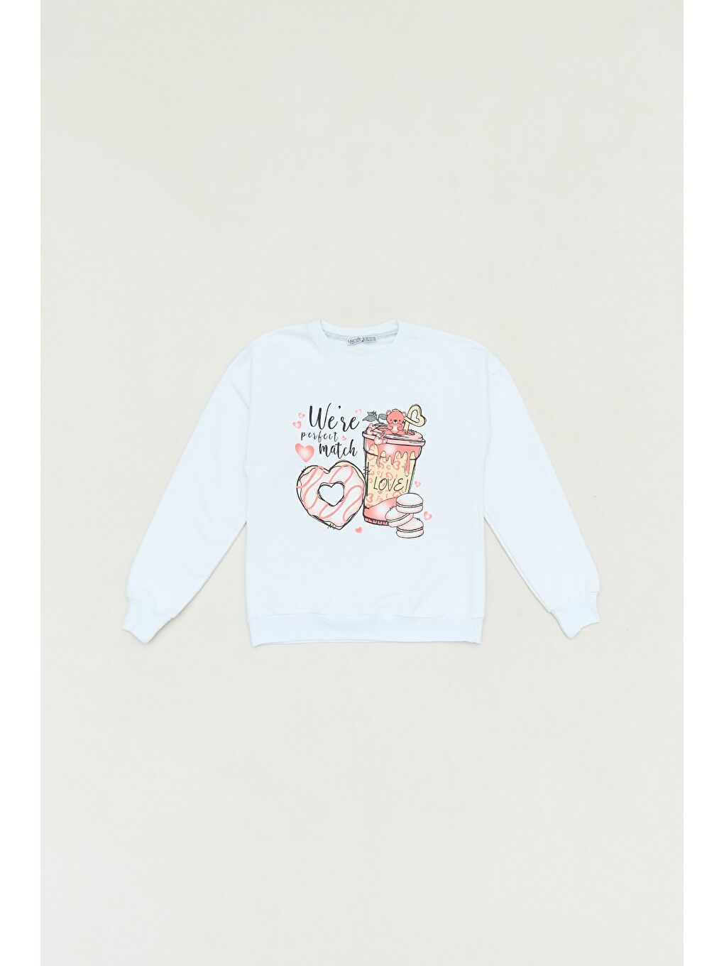 Beyaz Baskılı Bisiklet Yaka Kız Çocuk Sweatshirt