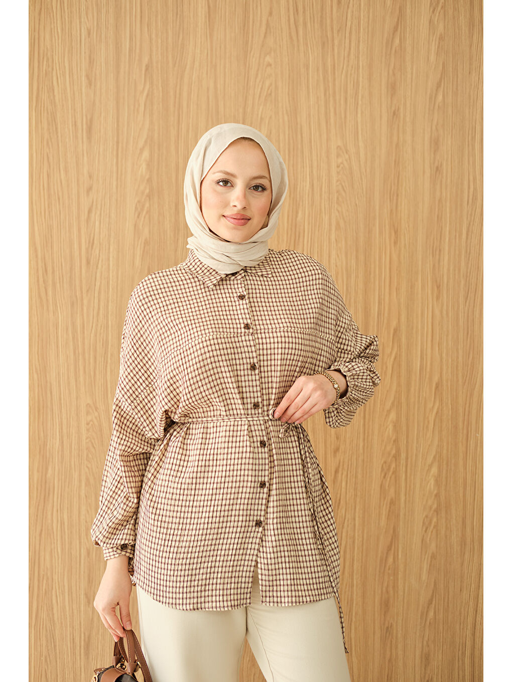 Kadın Ekose Desen Bel Bağlamalı Gömlek Kahverengi-1