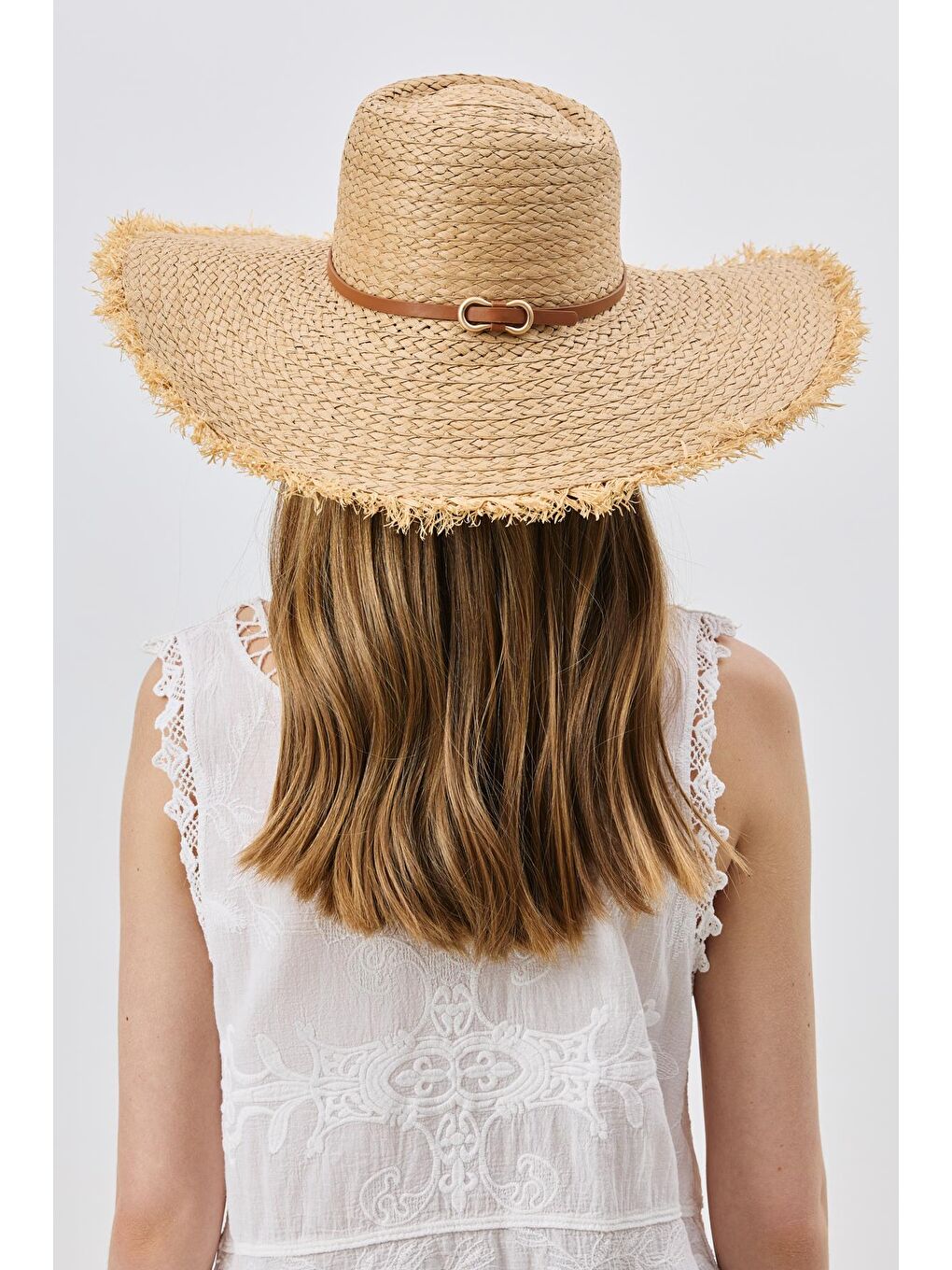 Bej Saçaklı Kenarlı Hasır Şapka Y8212 Vizon-3