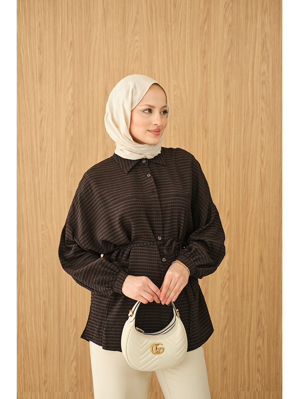 Kadın Ekose Desen Bel Bağlamalı Gömlek Siyah-3