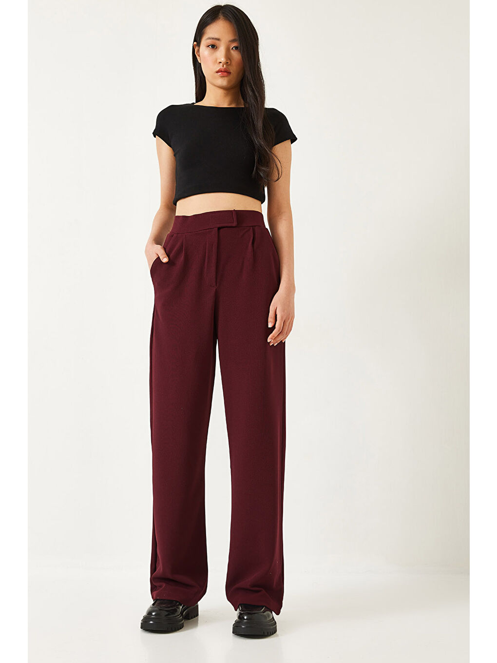 Bordo Kadın Beli Cırtlı Rahat Palazzo Pantolon-3