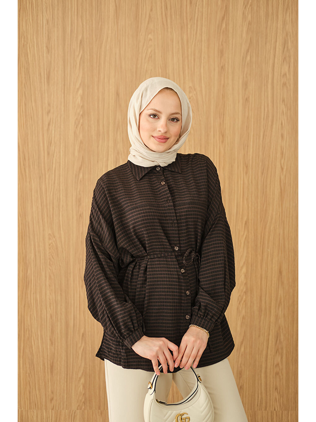 Kadın Ekose Desen Bel Bağlamalı Gömlek Siyah-4