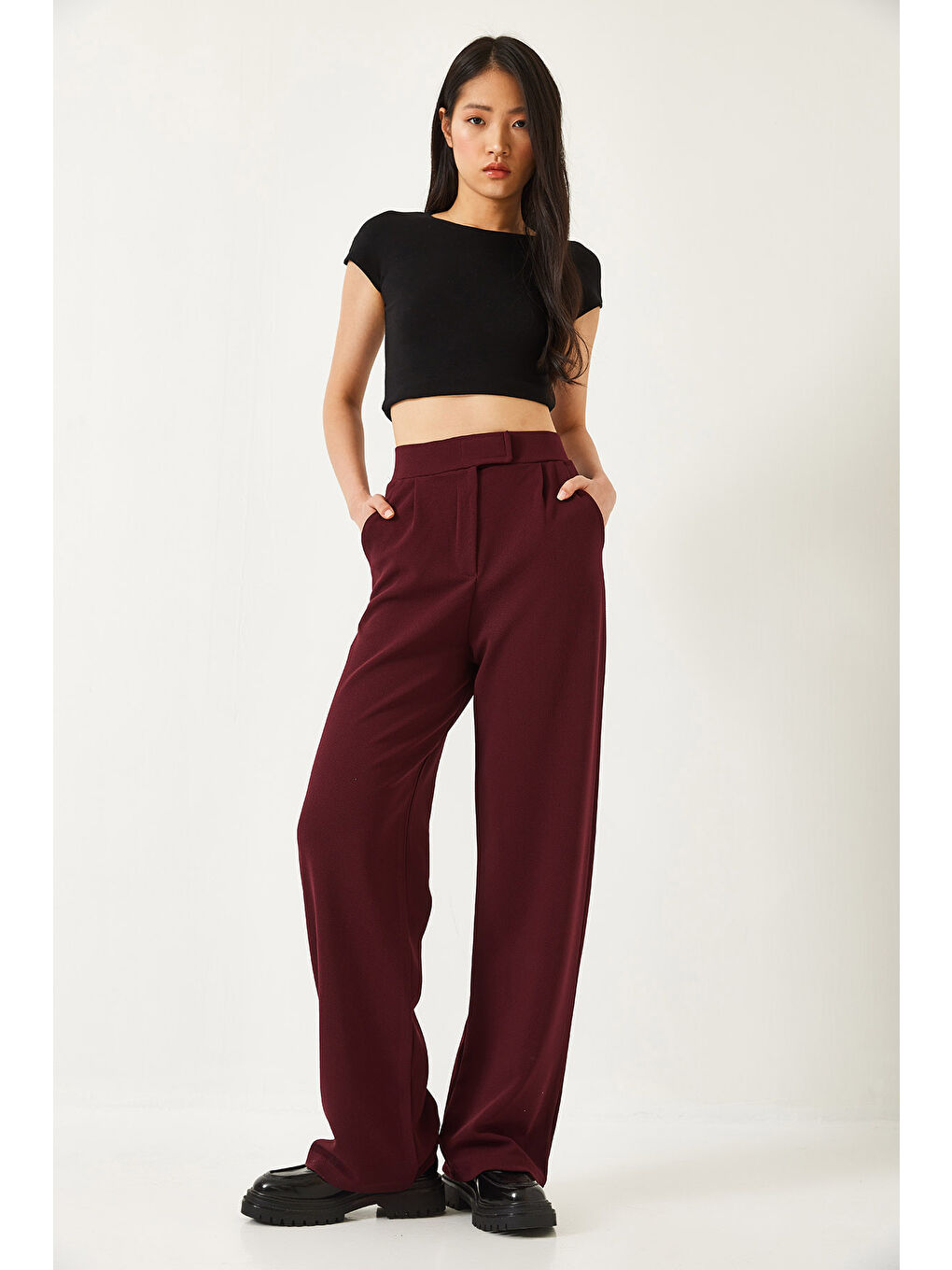 Bordo Kadın Beli Cırtlı Rahat Palazzo Pantolon-4