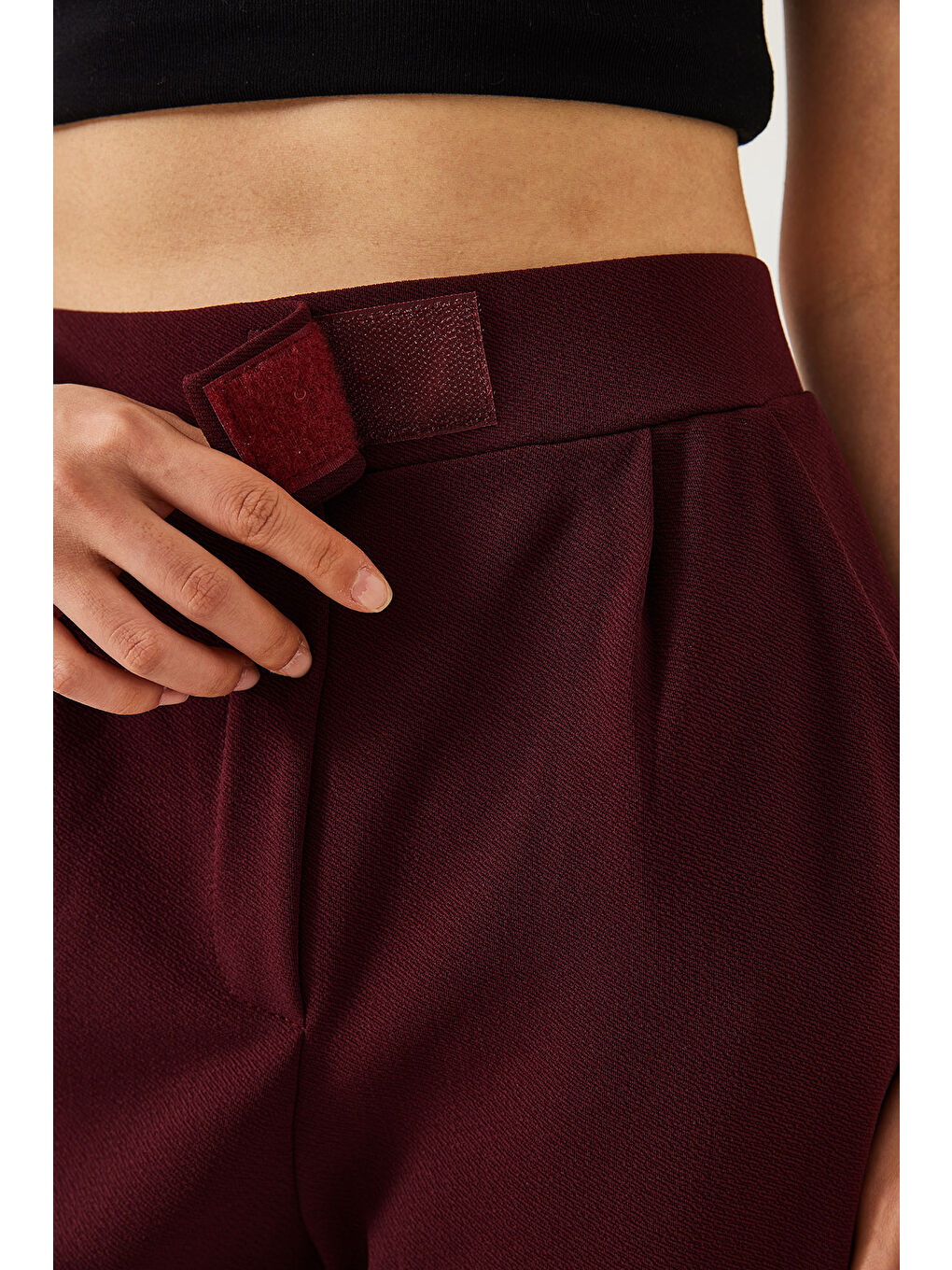 Bordo Kadın Beli Cırtlı Rahat Palazzo Pantolon-5