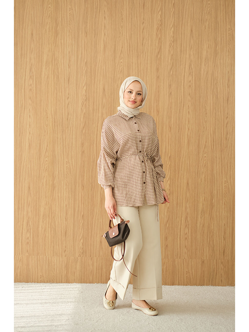 Kadın Ekose Desen Bel Bağlamalı Gömlek Kahverengi-2