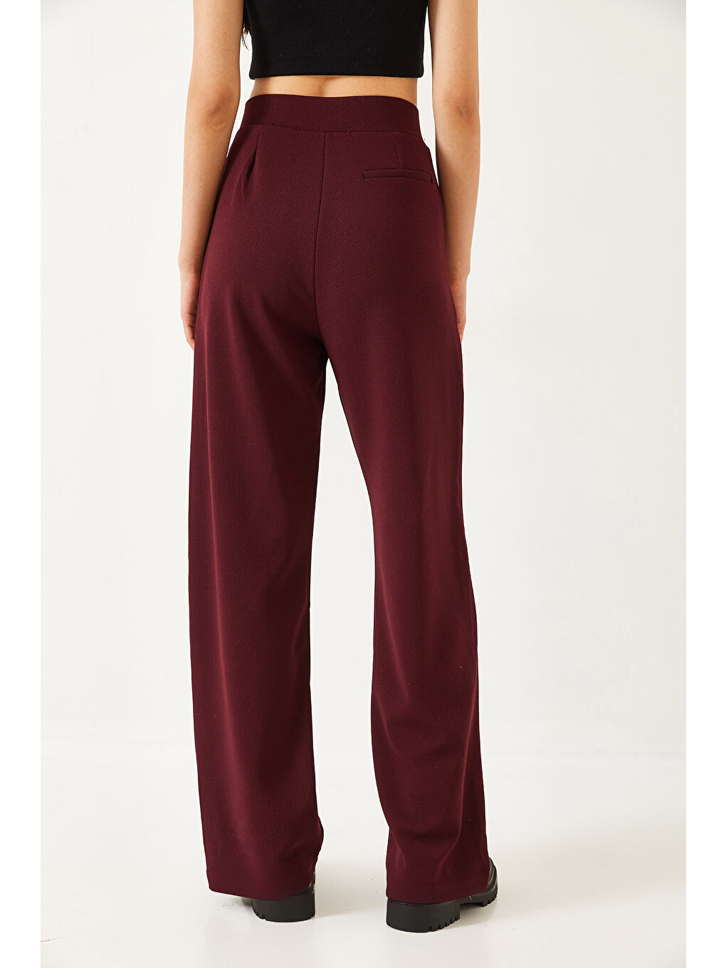 Bordo Kadın Beli Cırtlı Rahat Palazzo Pantolon-6