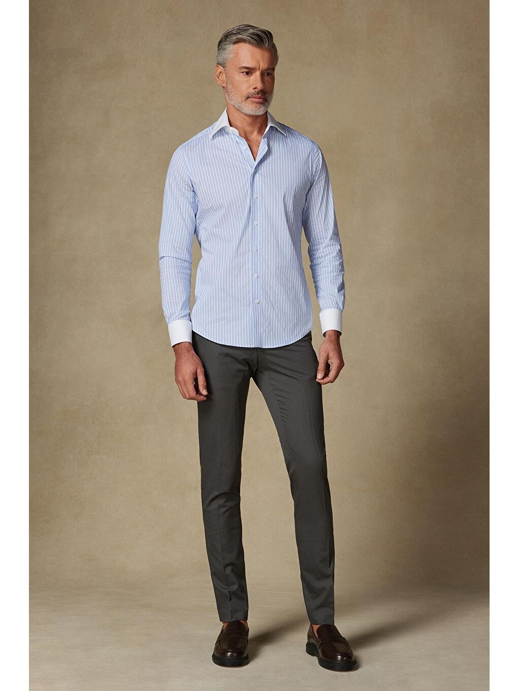 Sartoria Poplin Stretch Pamuk Karışımlı Slim Fit Açık Mavi İtalyan Yaka Erkek Çizgili Gömlek-2