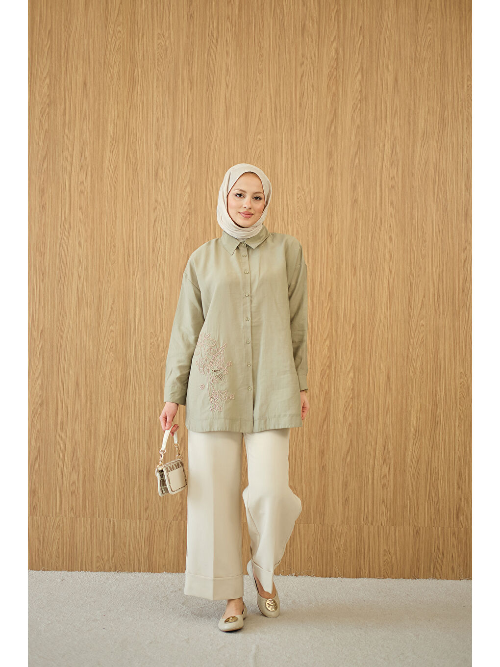 Kadın Boncuk Nakış Detaylı Gömlek Haki Yeşil-2