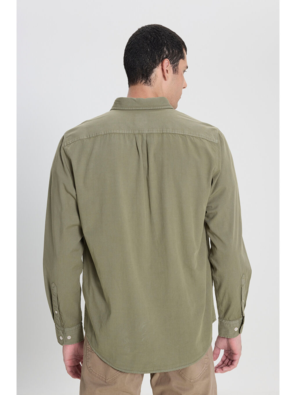 Yeşil Regular Fit Normal Kesim %100 Pamuk Haki Uzun Kollu Gömlek-4