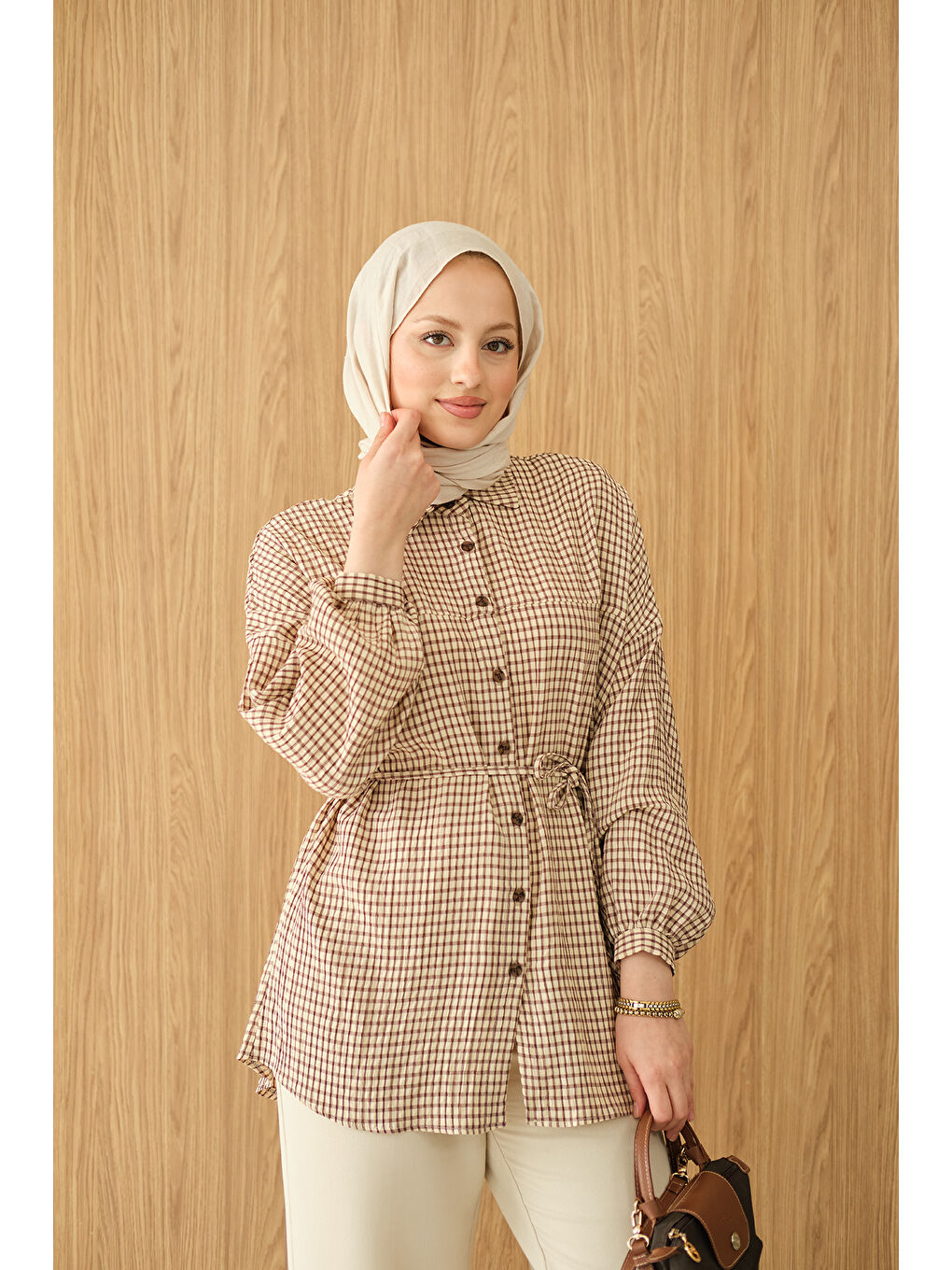 Kadın Ekose Desen Bel Bağlamalı Gömlek Kahverengi-4