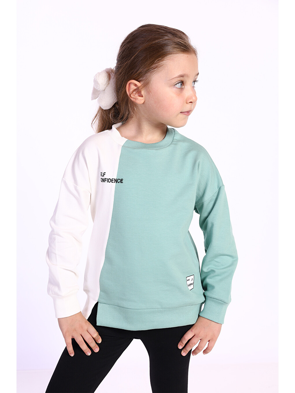 Yeşil Kız Çocuk Blok Kesikli Sweatshirt