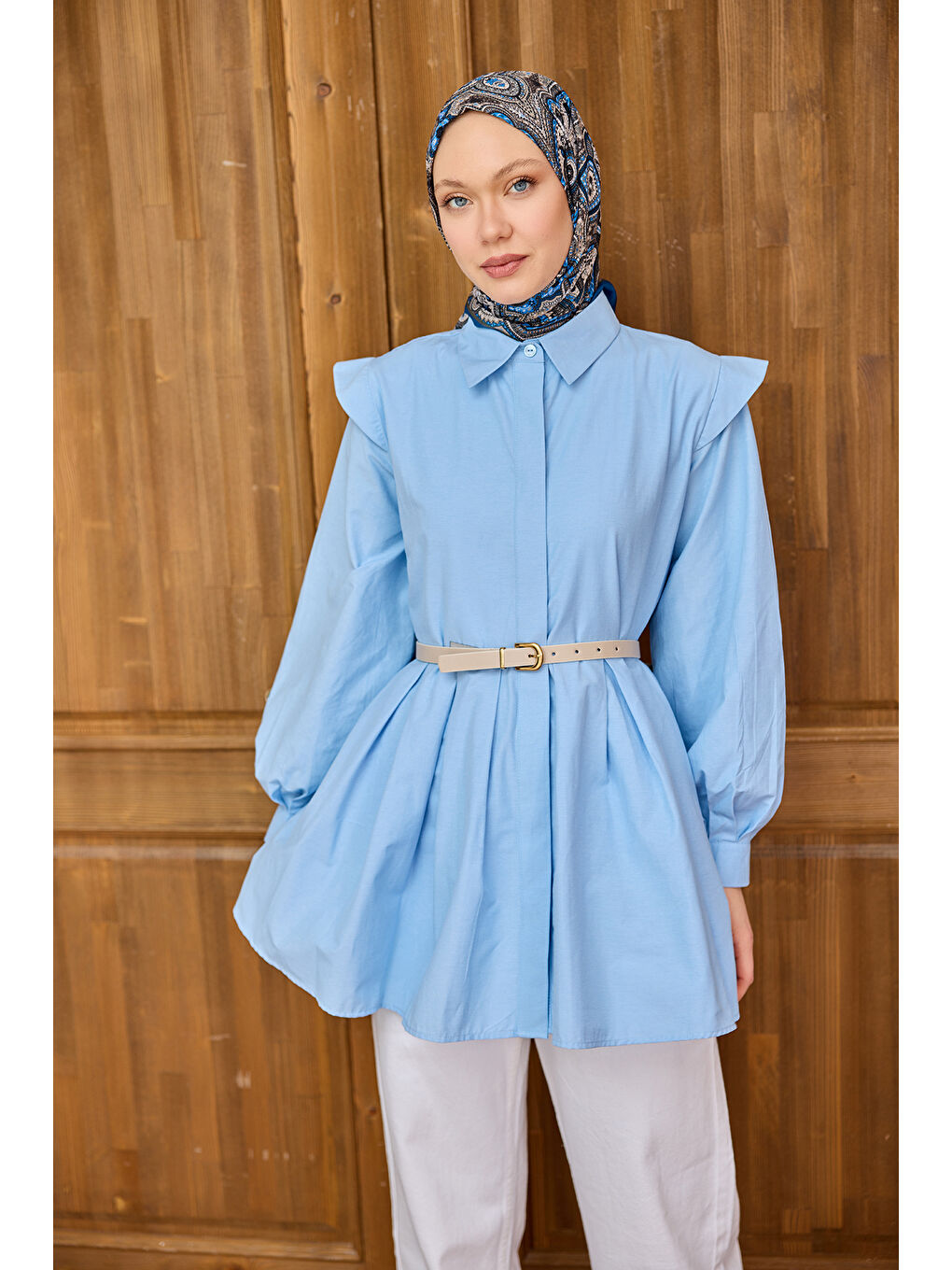 Kadın Eteği Pile Detaylı Gömlek  Mavi