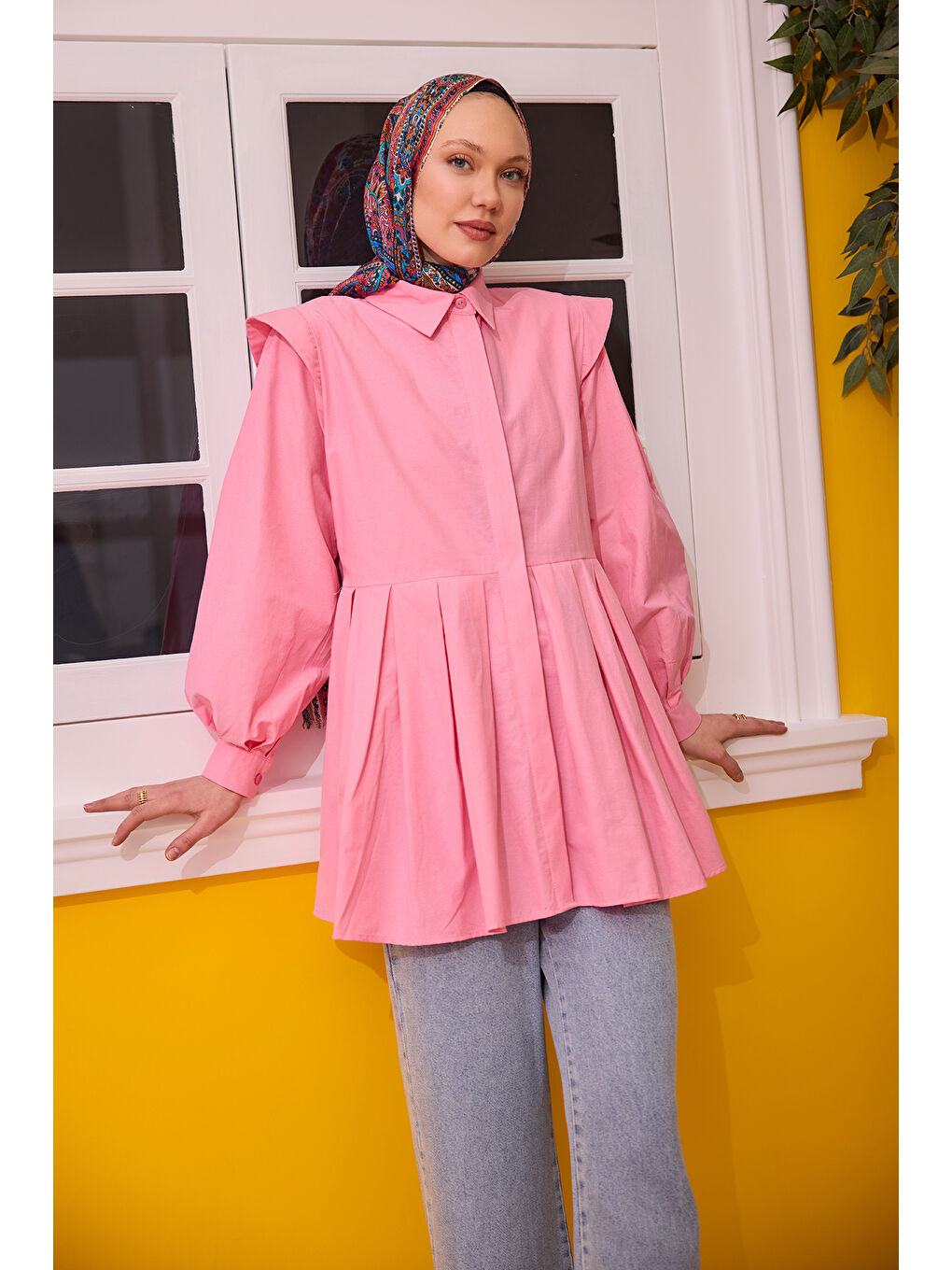 Kadın Eteği Pile Detaylı Gömlek  Pembe