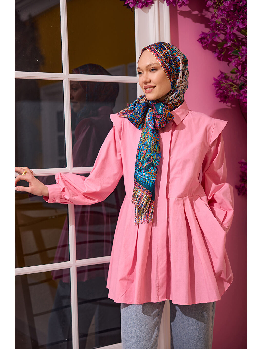 Kadın Eteği Pile Detaylı Gömlek  Pembe-1