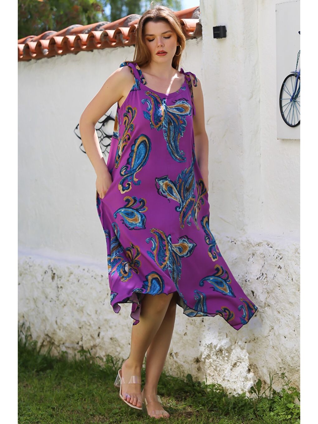 Mor Yakasız Askılı Şal Desenli Gizli Cepli Casual Viskon Dokuma Elbise 125 58