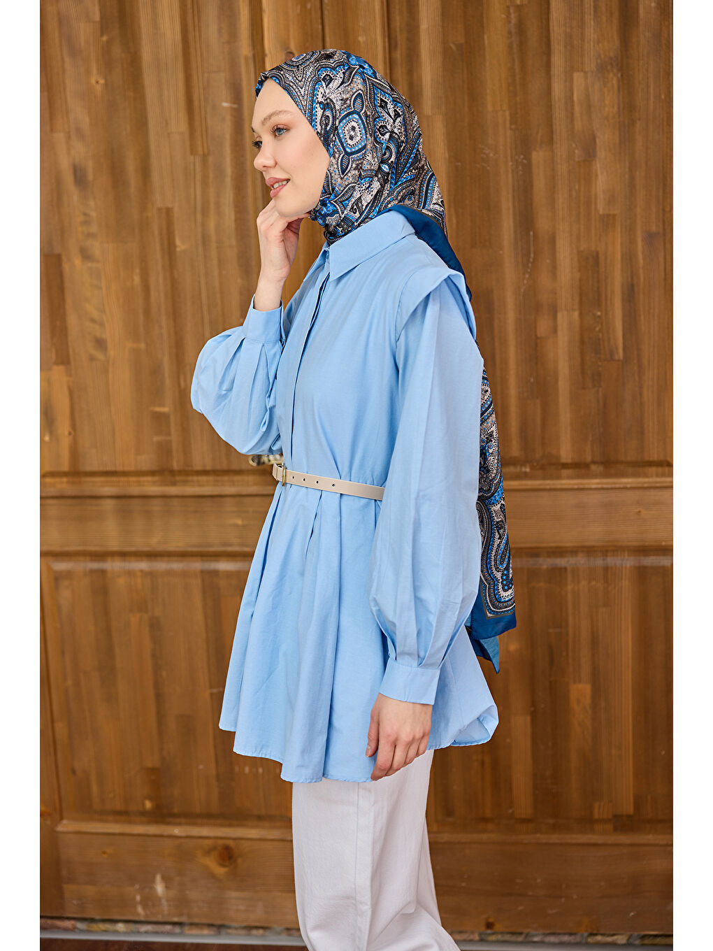 Kadın Eteği Pile Detaylı Gömlek  Mavi-1