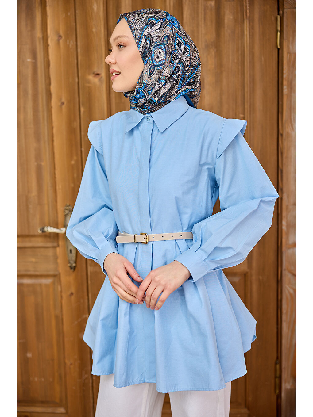 Kadın Eteği Pile Detaylı Gömlek  Mavi-2