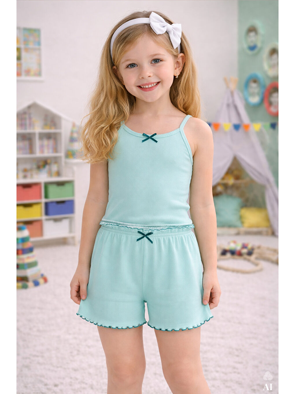 Yeşil Kız Çocuk Pamuklu Fiyonklu Askılı Şortlu Pijama Takımı