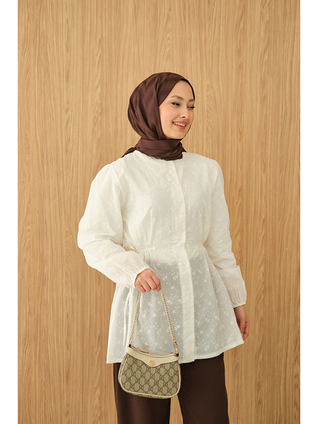 Kadın Belden Bağcık Detaylı Gömlek Ekru-1