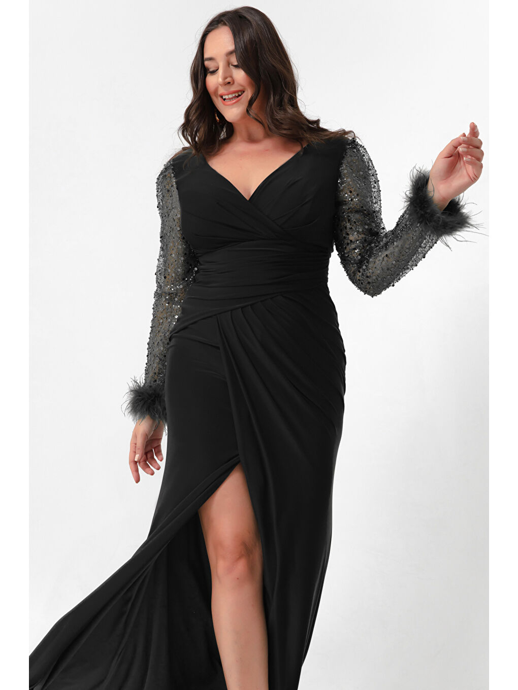 Kadın Siyah V Yaka Kolları Taşlı Yırtmaçlı Büyük Beden Uzun Abiye Elbise-2