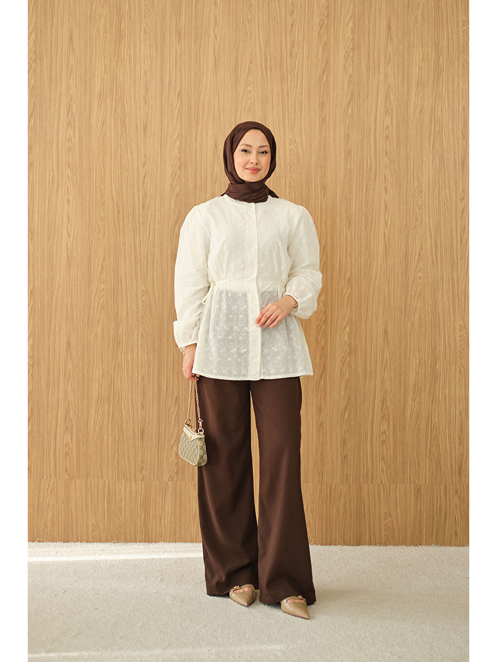 Kadın Belden Bağcık Detaylı Gömlek Ekru-2